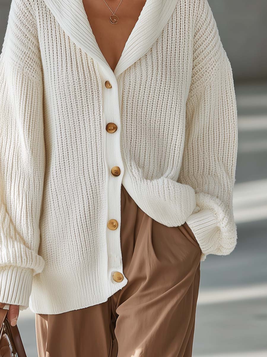 Ivory Chunky Ribbed Shawl-Collar Button-Front Oversized Cozy Knit Cardigan Women