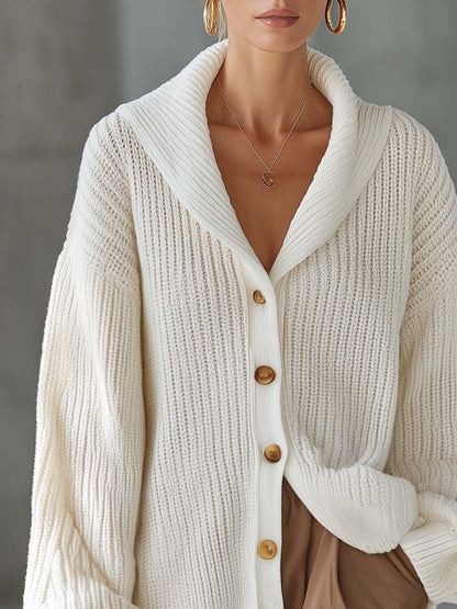 Ivory Chunky Ribbed Shawl-Collar Button-Front Oversized Cozy Knit Cardigan Women
