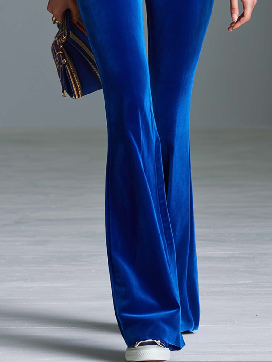 Royal Blue Velvet High-Waist Gold-Button Flare Bootcut Party Pants Women
