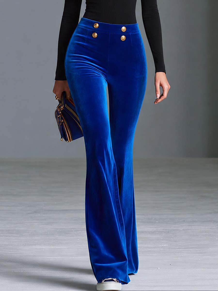 Royal Blue Velvet High-Waist Gold-Button Flare Bootcut Party Pants Women