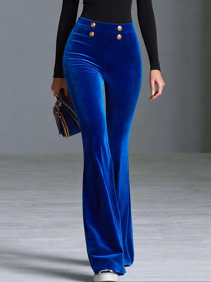 Royal Blue Velvet High-Waist Gold-Button Flare Bootcut Party Pants Women