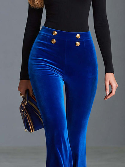 Royal Blue Velvet High-Waist Gold-Button Flare Bootcut Party Pants Women