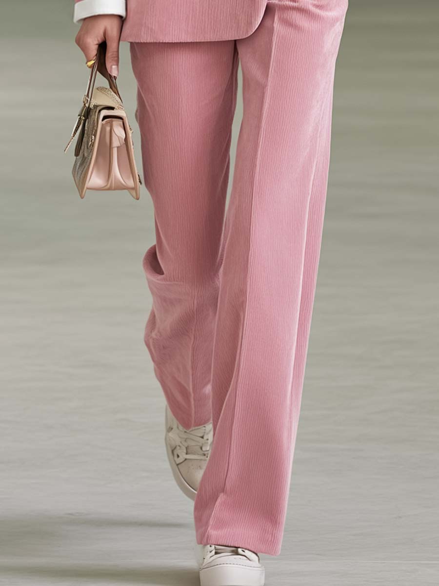 Pink Corduroy High-Waist Wide-Leg Gold-Button Tailored Trousers Women With Pockets