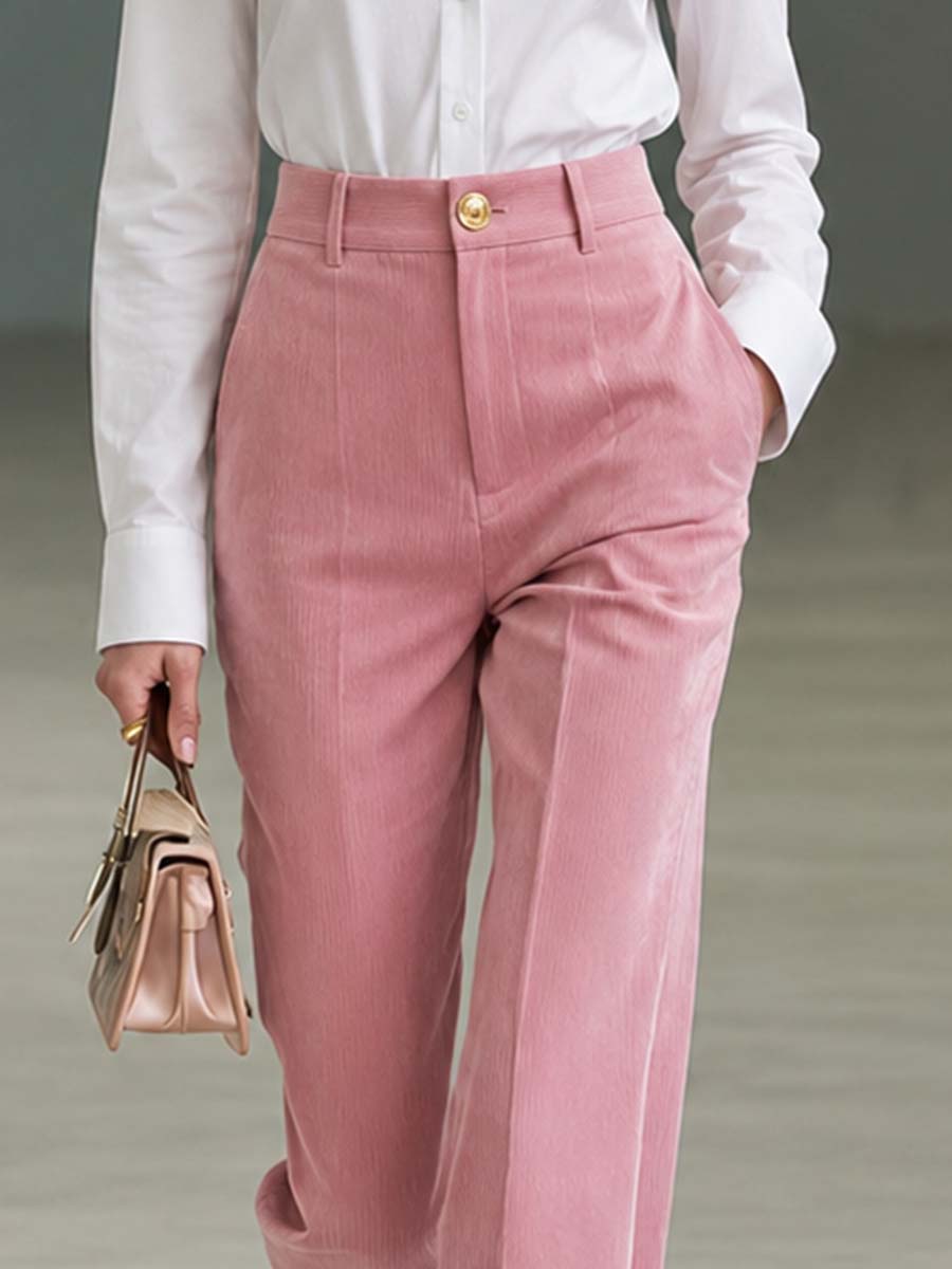 Pink Corduroy High-Waist Wide-Leg Gold-Button Tailored Trousers Women With Pockets