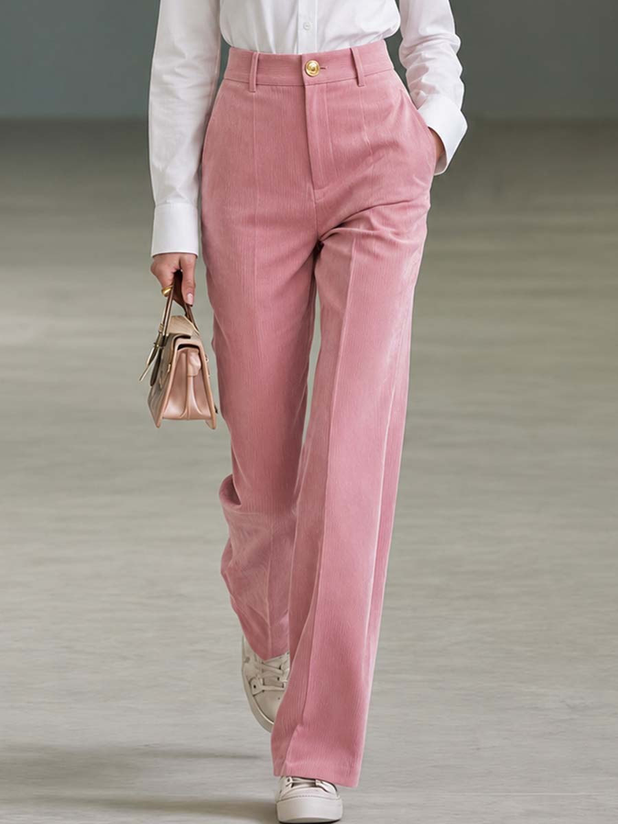 Pink Corduroy High-Waist Wide-Leg Gold-Button Tailored Trousers Women With Pockets