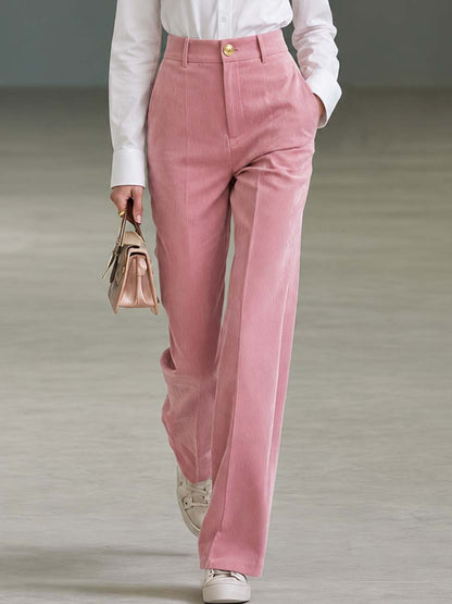 Pink Corduroy High-Waist Wide-Leg Gold-Button Tailored Trousers Women With Pockets