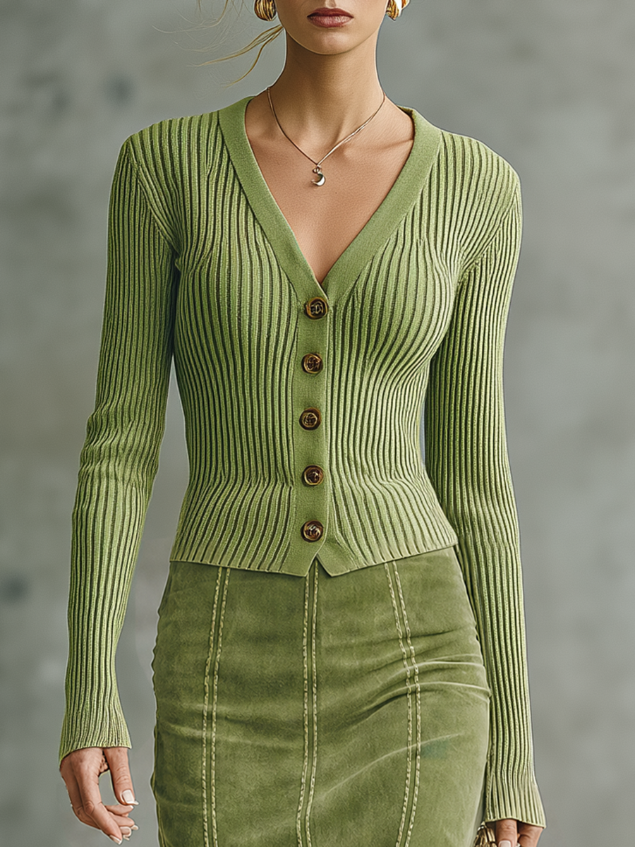 Retro-chic Green Vertical-ribbed Knit Top And Faux Suede Skirt Set