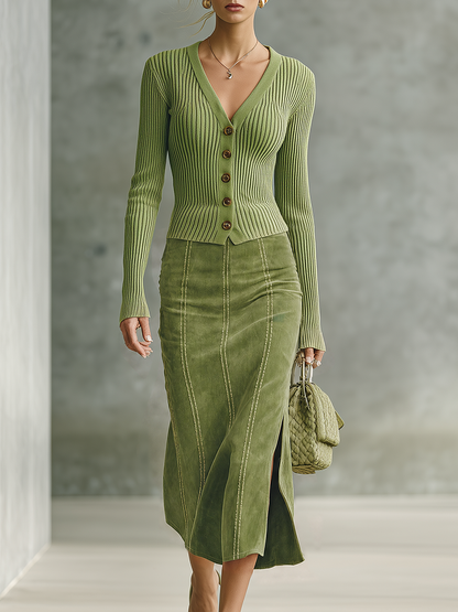 Retro-chic Green Vertical-ribbed Knit Top And Faux Suede Skirt Set