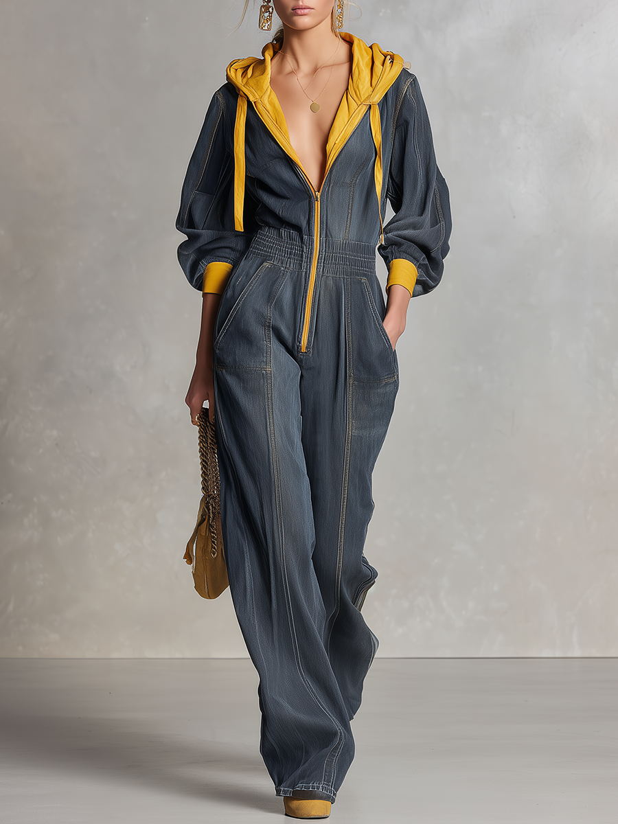 Vintage Wash Denim Hooded Jumpsuit Women Wide Leg Zip Front Balloon Sleeve