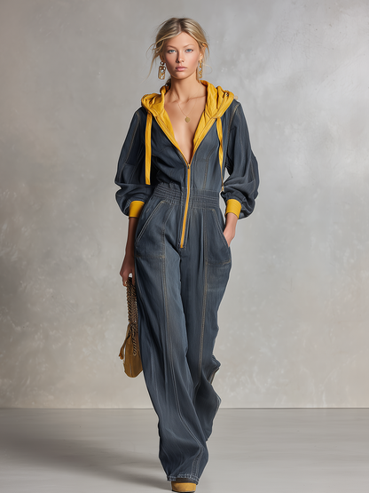 Vintage Wash Denim Hooded Jumpsuit Women Wide Leg Zip Front Balloon Sleeve