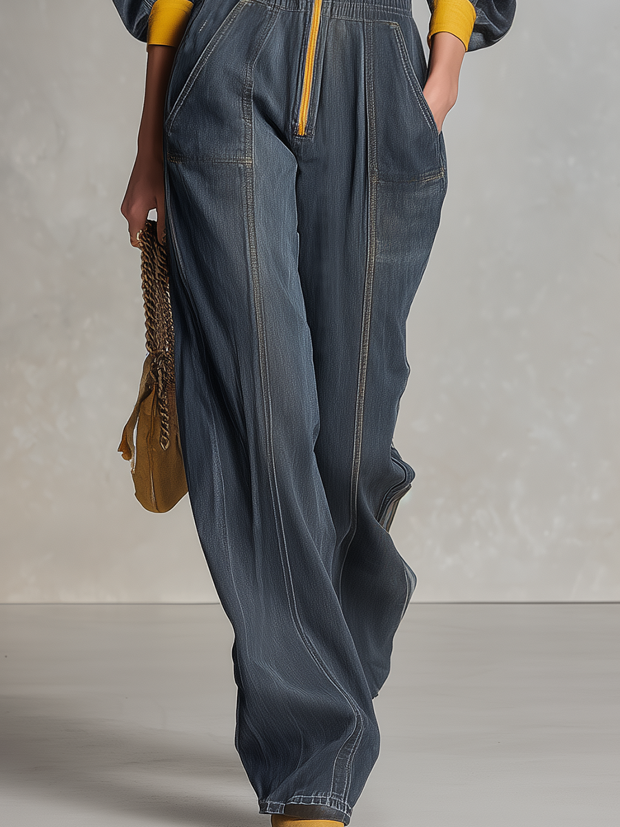 Vintage Wash Denim Hooded Jumpsuit Women Wide Leg Zip Front Balloon Sleeve