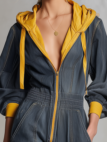Vintage Wash Denim Hooded Jumpsuit Women Wide Leg Zip Front Balloon Sleeve