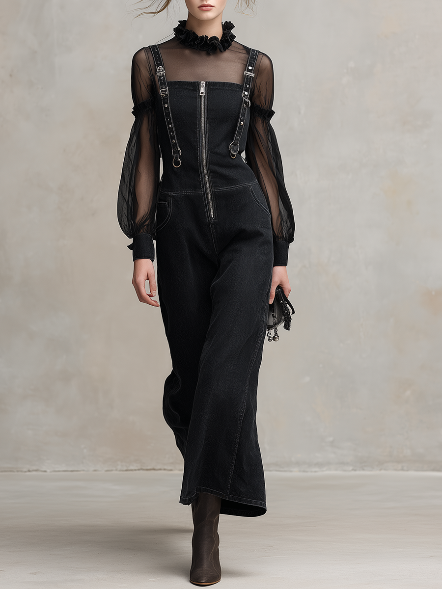 Black Denim Overall Jumpsuit Set Women Sheer Mesh Top Wide Leg Two-Piece