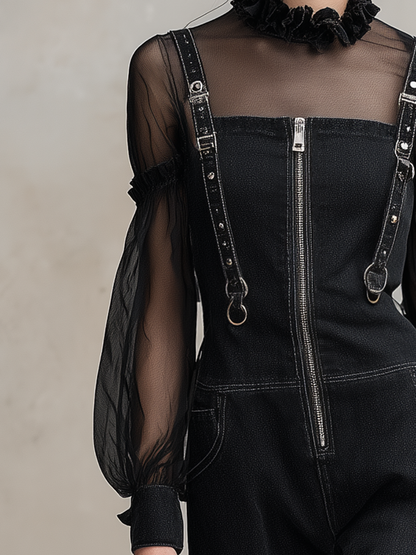 Black Denim Overall Jumpsuit Set Women Sheer Mesh Top Wide Leg Two-Piece