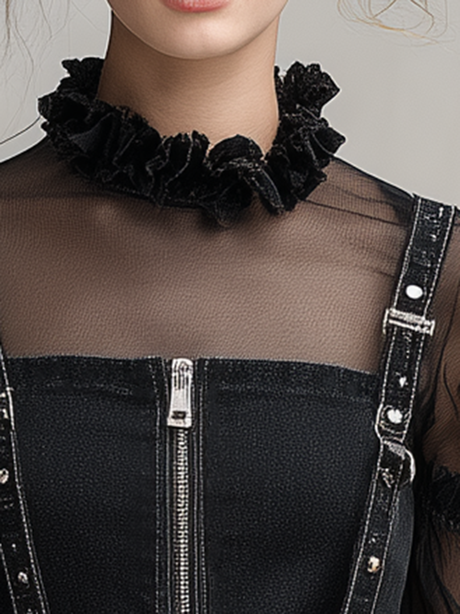 Black Denim Overall Jumpsuit Set Women Sheer Mesh Top Wide Leg Two-Piece