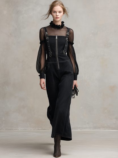 Black Denim Overall Jumpsuit Set Women Sheer Mesh Top Wide Leg Two-Piece