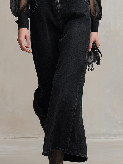 Black Denim Overall Jumpsuit Set Women Sheer Mesh Top Wide Leg Two-Piece