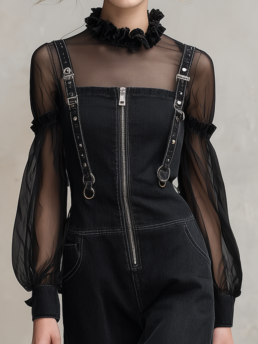Black Denim Overall Jumpsuit Set Women Sheer Mesh Top Wide Leg Two-Piece