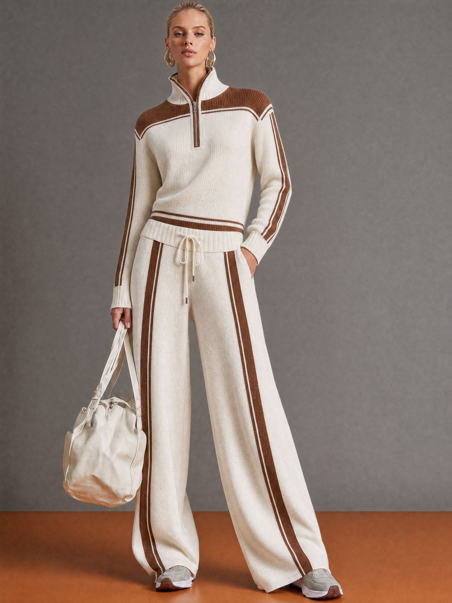 Fashionable Retro Color-blocked Half-zip Knit Pullover Wide-leg Pants Set