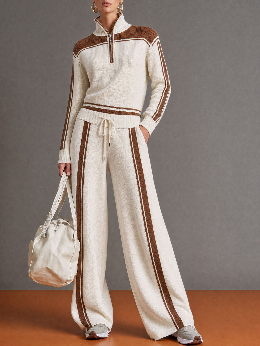 Fashionable Retro Color-blocked Half-zip Knit Pullover Wide-leg Pants Set