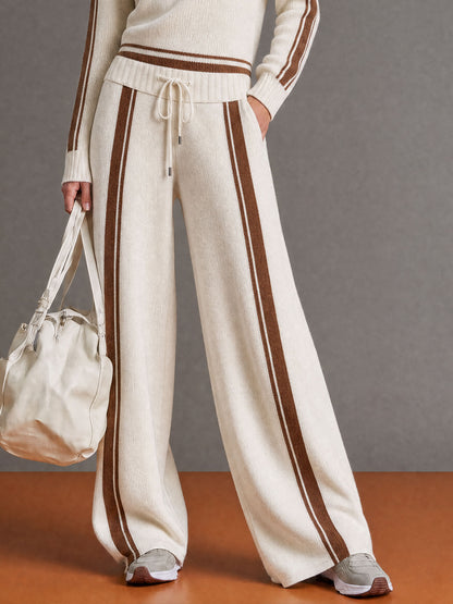 Fashionable Retro Color-blocked Half-zip Knit Pullover Wide-leg Pants Set
