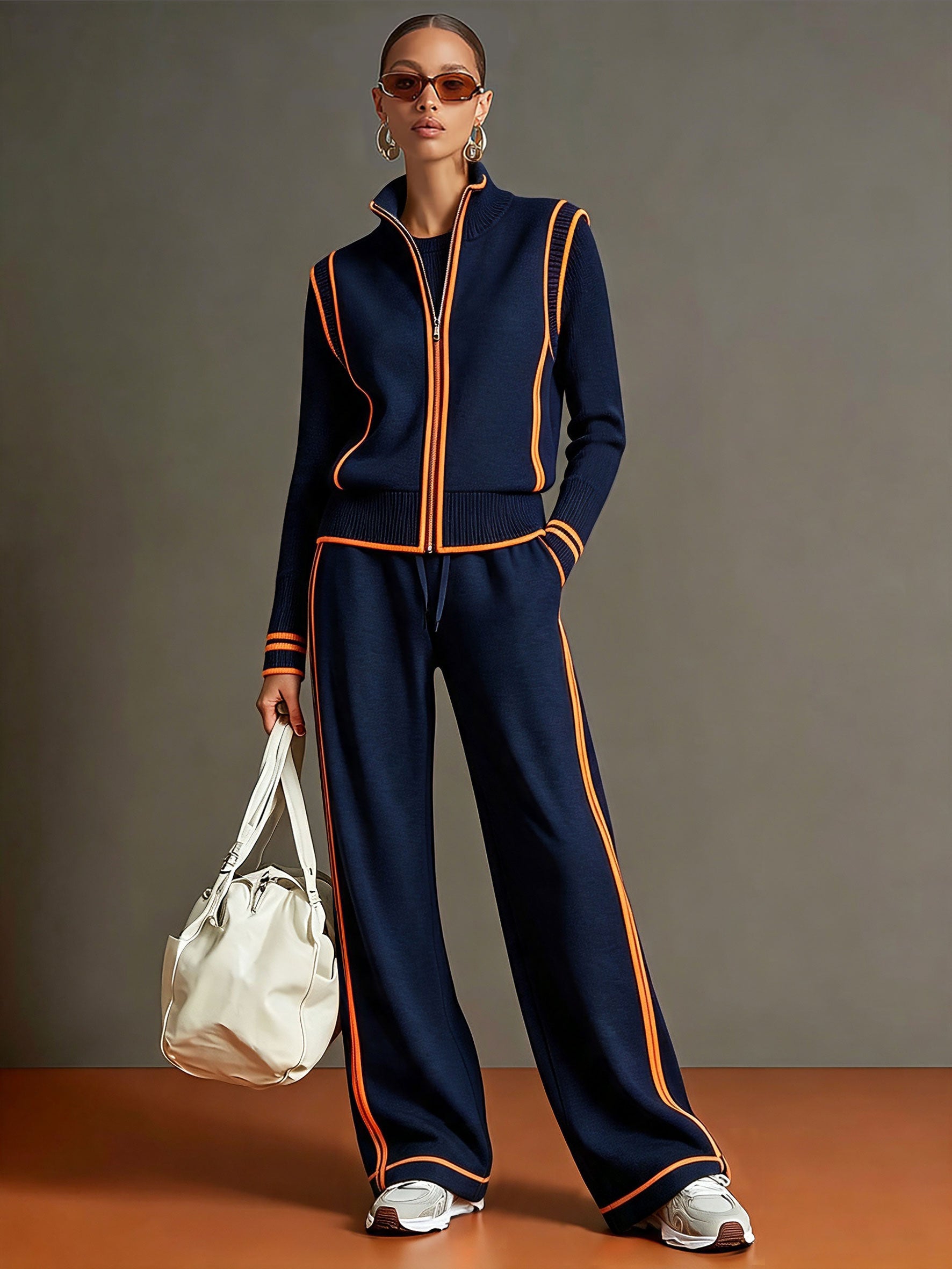 Casual Sporty Color-blocked Navy Blue Zip-up Sweatshirt And Wide-leg Pants Set