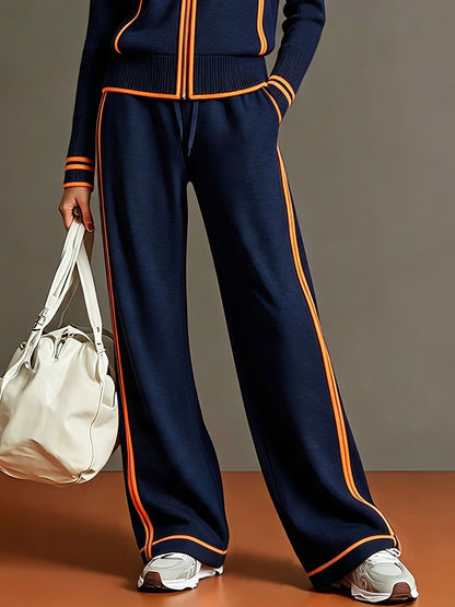 Casual Sporty Color-blocked Navy Blue Zip-up Sweatshirt And Wide-leg Pants Set