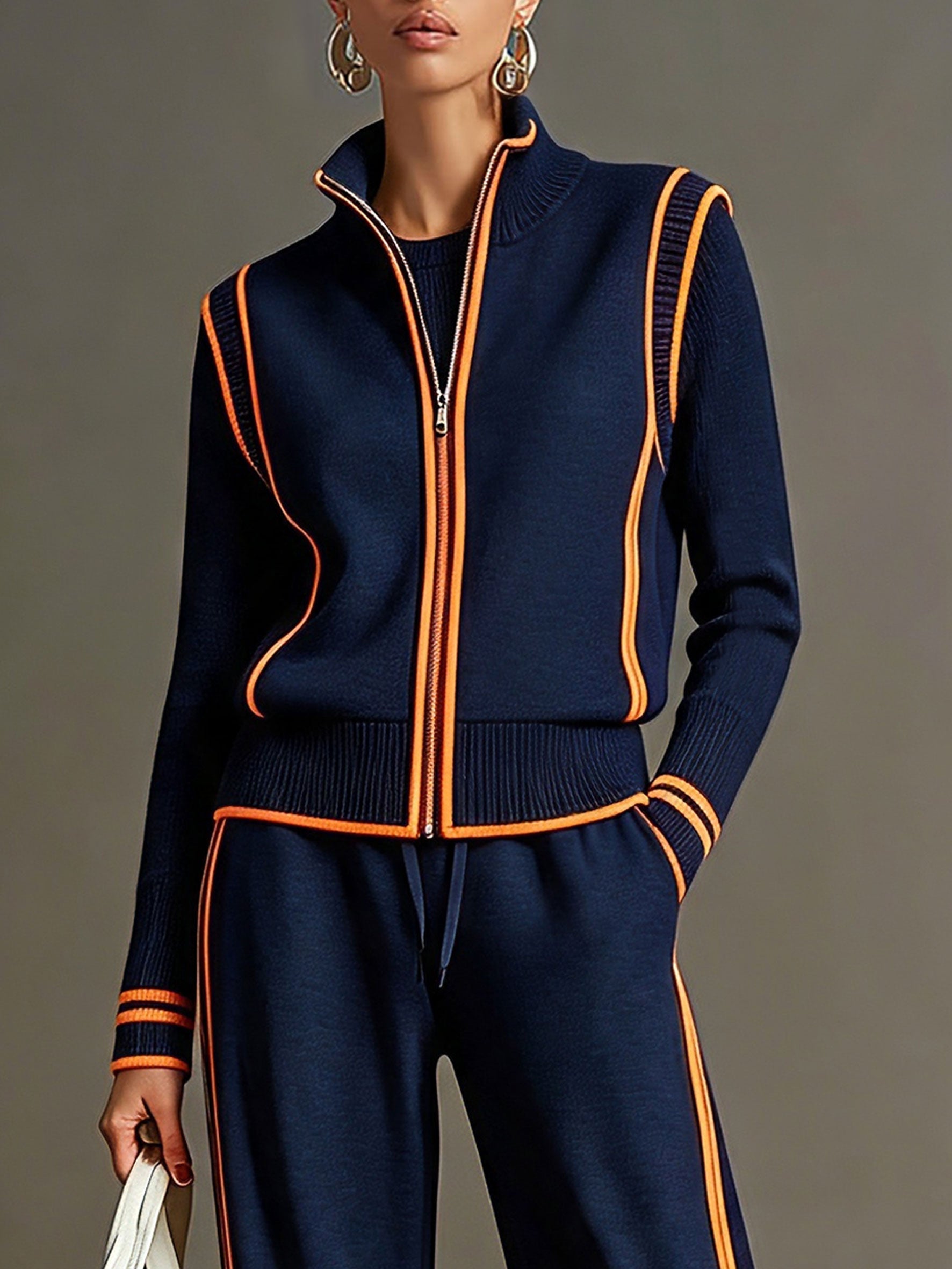 Casual Sporty Color-blocked Navy Blue Zip-up Sweatshirt And Wide-leg Pants Set