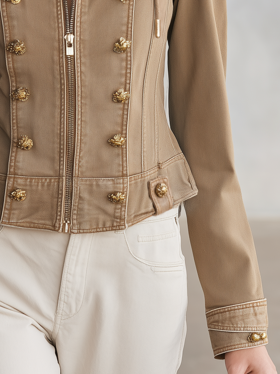 Khaki Denim Jacket Women Hooded Double-Breasted Gold Button Cropped Zip Front