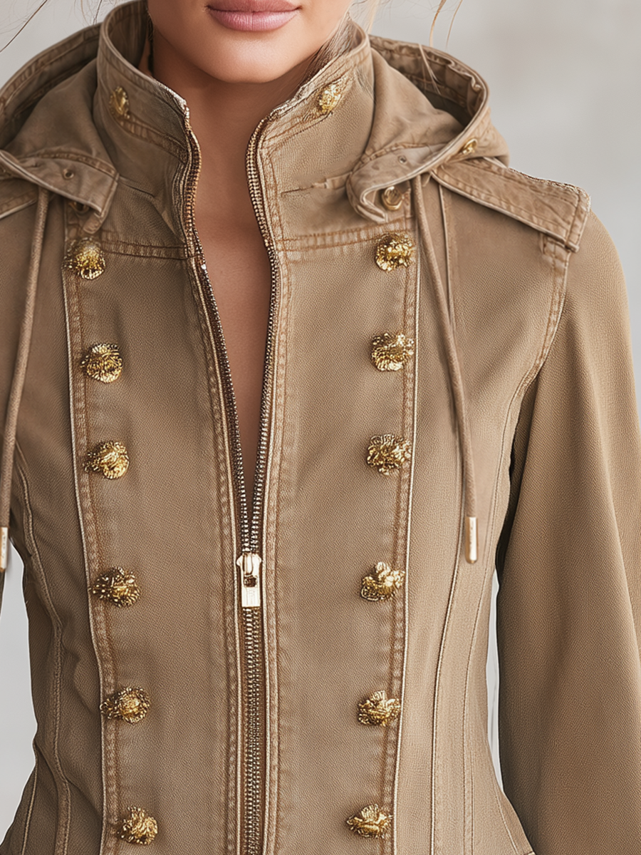 Khaki Denim Jacket Women Hooded Double-Breasted Gold Button Cropped Zip Front