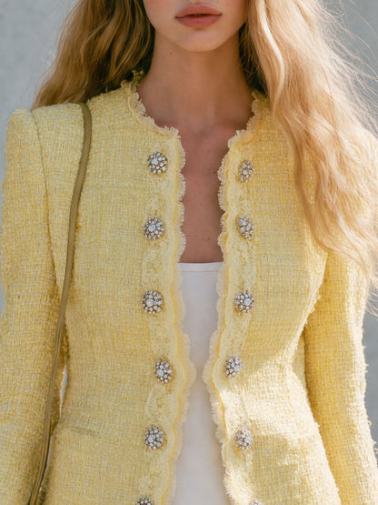 Retro-elegant Yellow Lace Round Neck Double-breasted Tweed Jacket