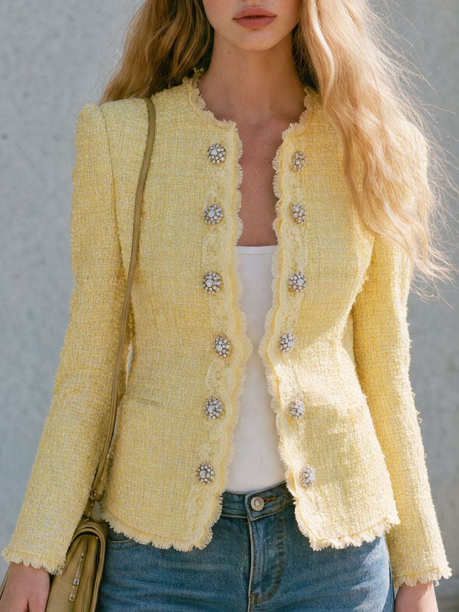 Retro-elegant Yellow Lace Round Neck Double-breasted Tweed Jacket