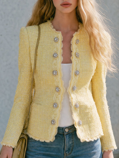 Retro-elegant Yellow Lace Round Neck Double-breasted Tweed Jacket
