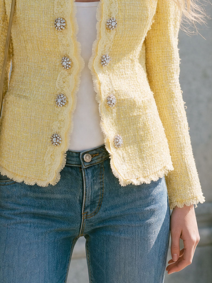 Retro-elegant Yellow Lace Round Neck Double-breasted Tweed Jacket