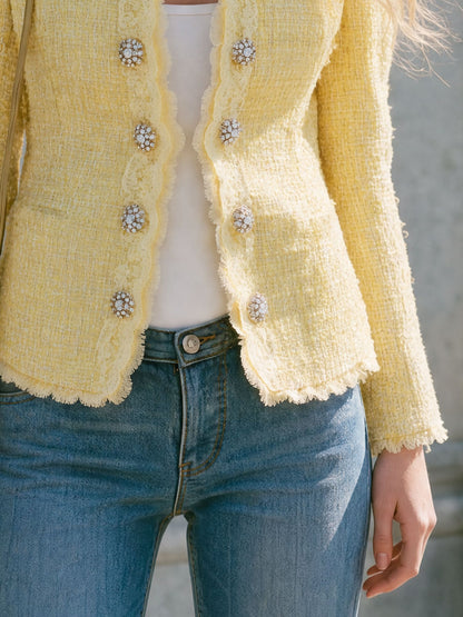 Retro-elegant Yellow Lace Round Neck Double-breasted Tweed Jacket