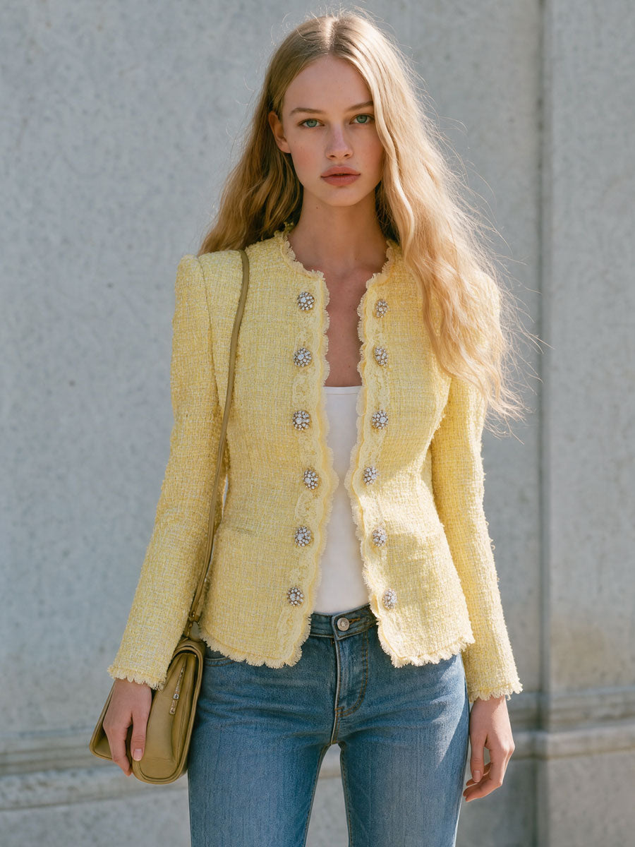 Retro-elegant Yellow Lace Round Neck Double-breasted Tweed Jacket