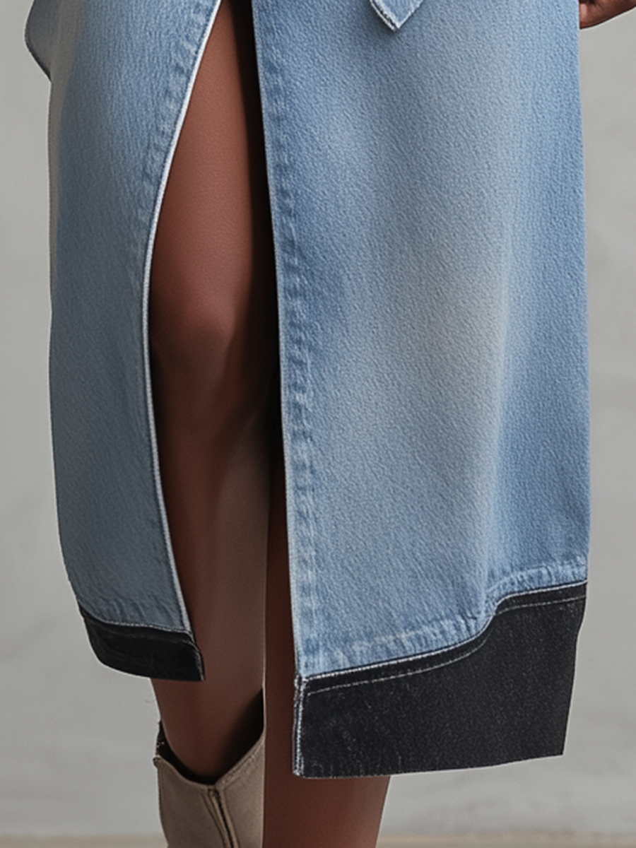 Western Two-Tone Denim Midi Skirt Front Slit Studded Belt High Waist