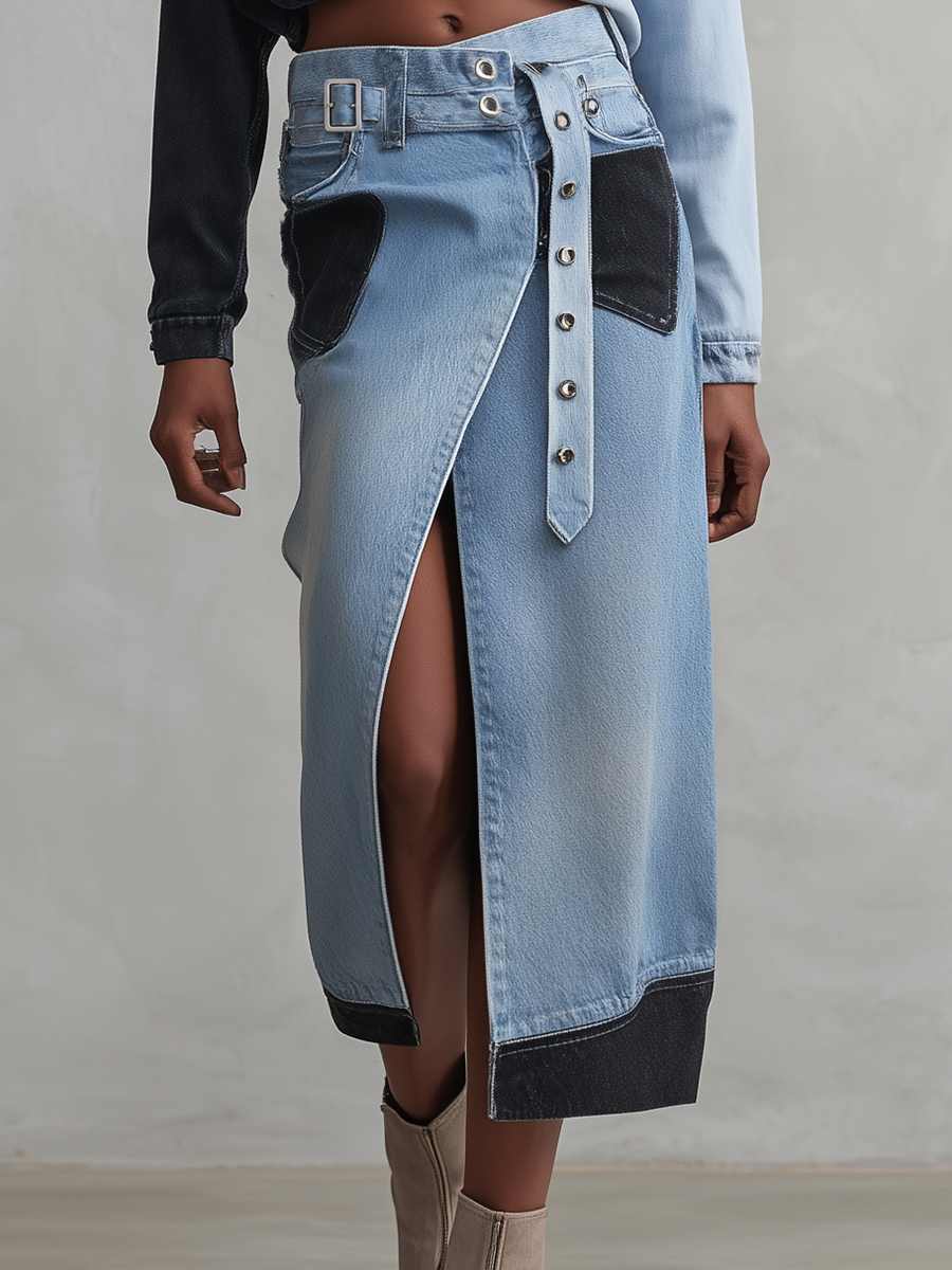 Western Two-Tone Denim Midi Skirt Front Slit Studded Belt High Waist