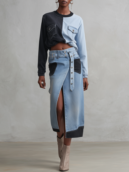 Western Two-Tone Denim Midi Skirt Front Slit Studded Belt High Waist
