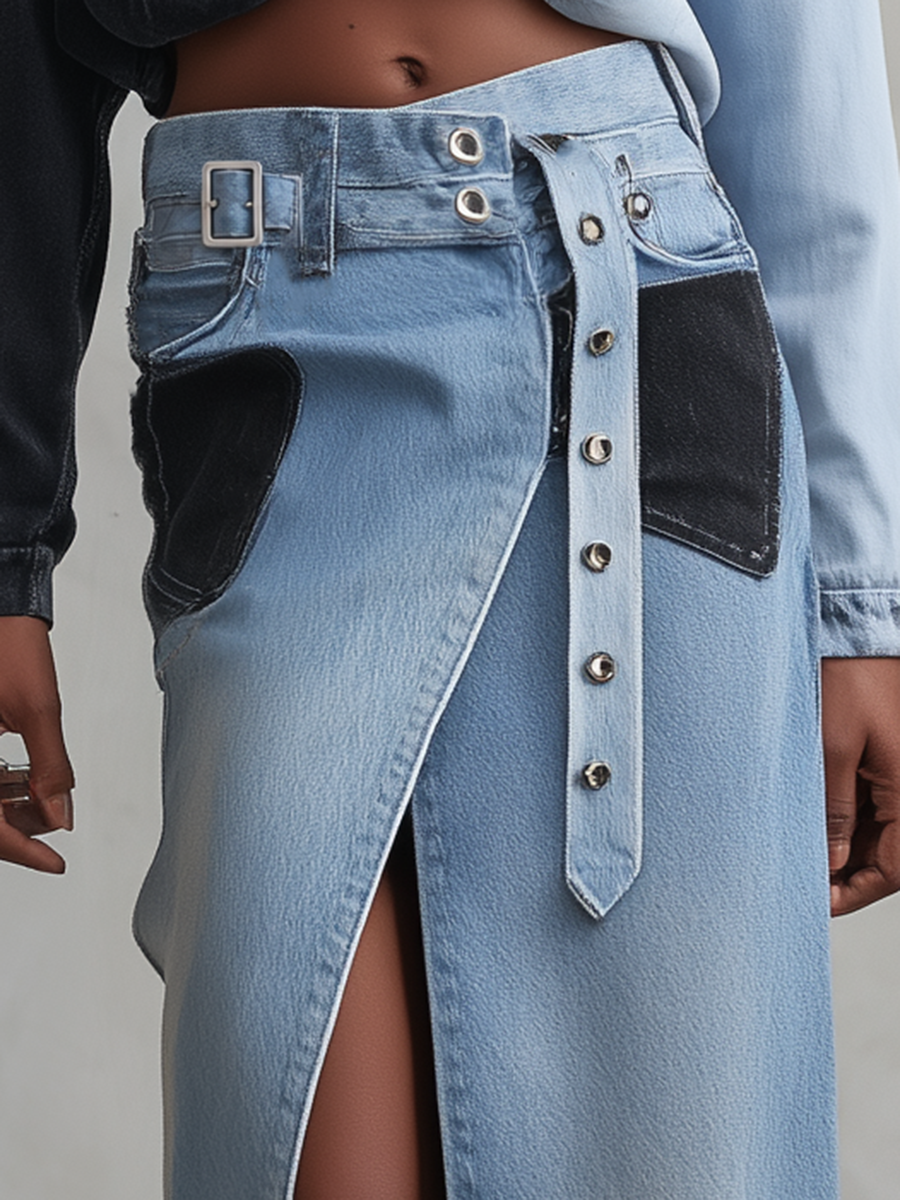 Western Two-Tone Denim Midi Skirt Front Slit Studded Belt High Waist