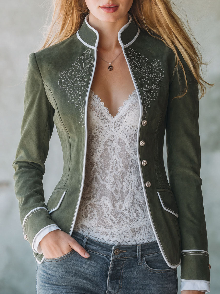 Vintage-style Color-blocked Trim And Embroidered Olive Green Faux Suede Jacket