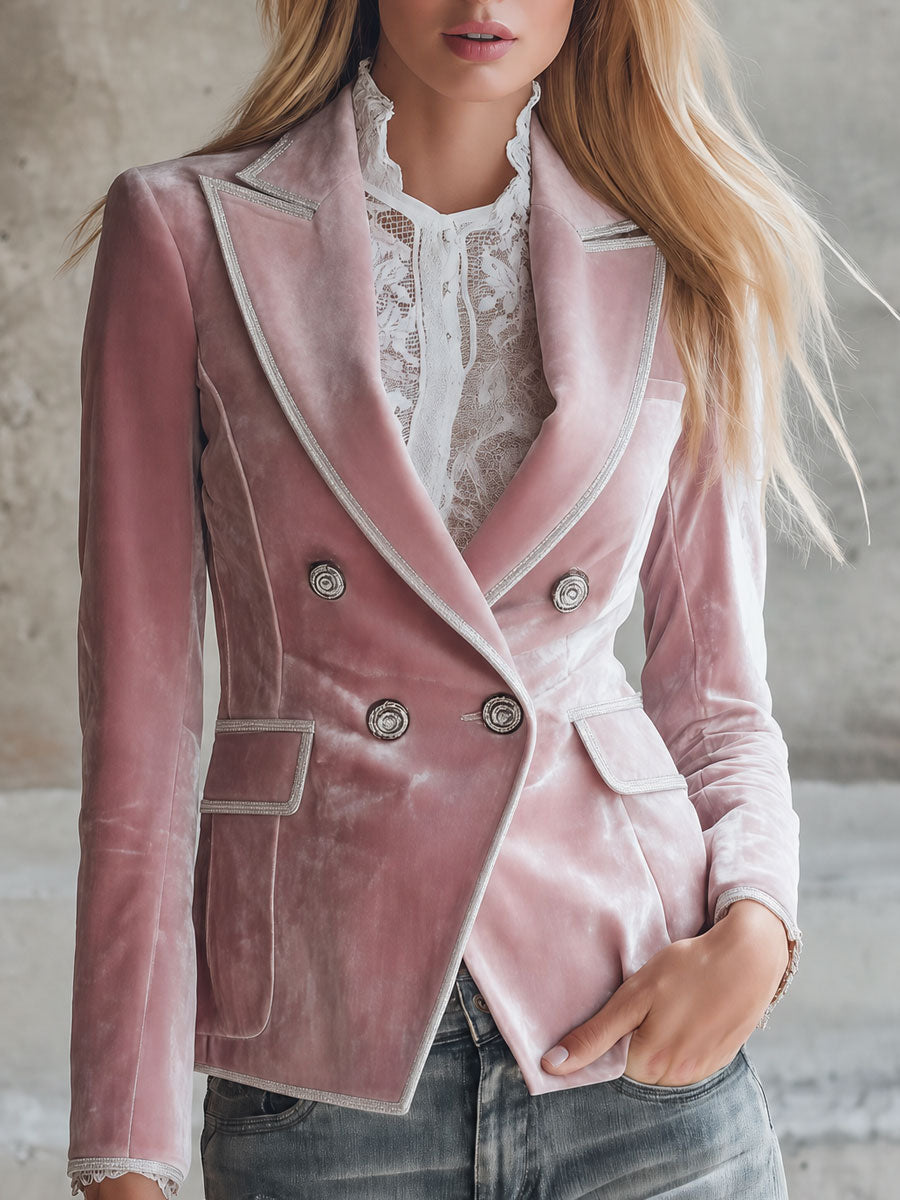 Vintage Silver Ribbon Pink Velvet Blazer