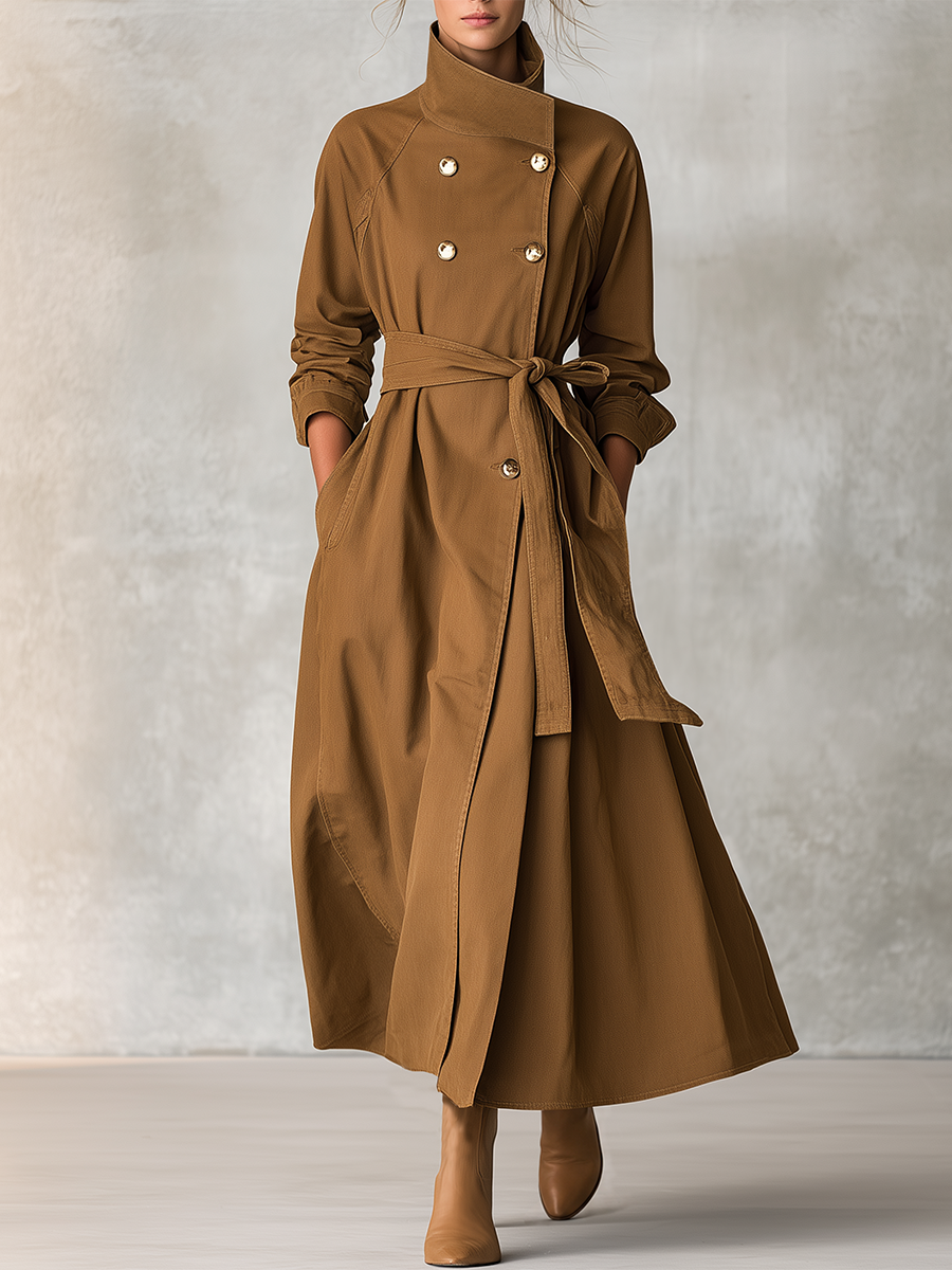 Urban High-neck Double-breasted Belted Denim Trench Coat