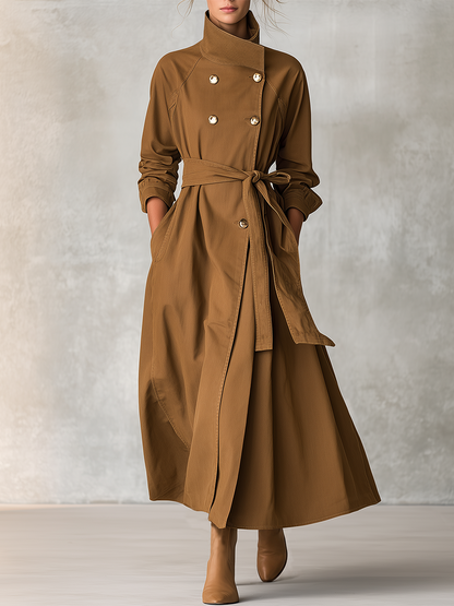 Urban High-neck Double-breasted Belted Denim Trench Coat