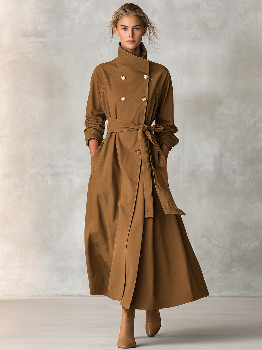 Urban High-neck Double-breasted Belted Denim Trench Coat