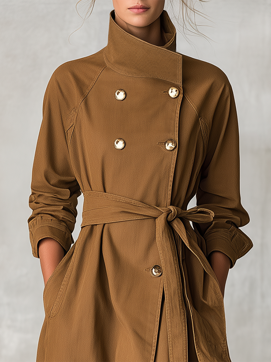 Urban High-neck Double-breasted Belted Denim Trench Coat