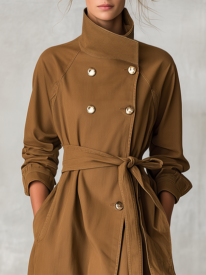Urban High-neck Double-breasted Belted Denim Trench Coat