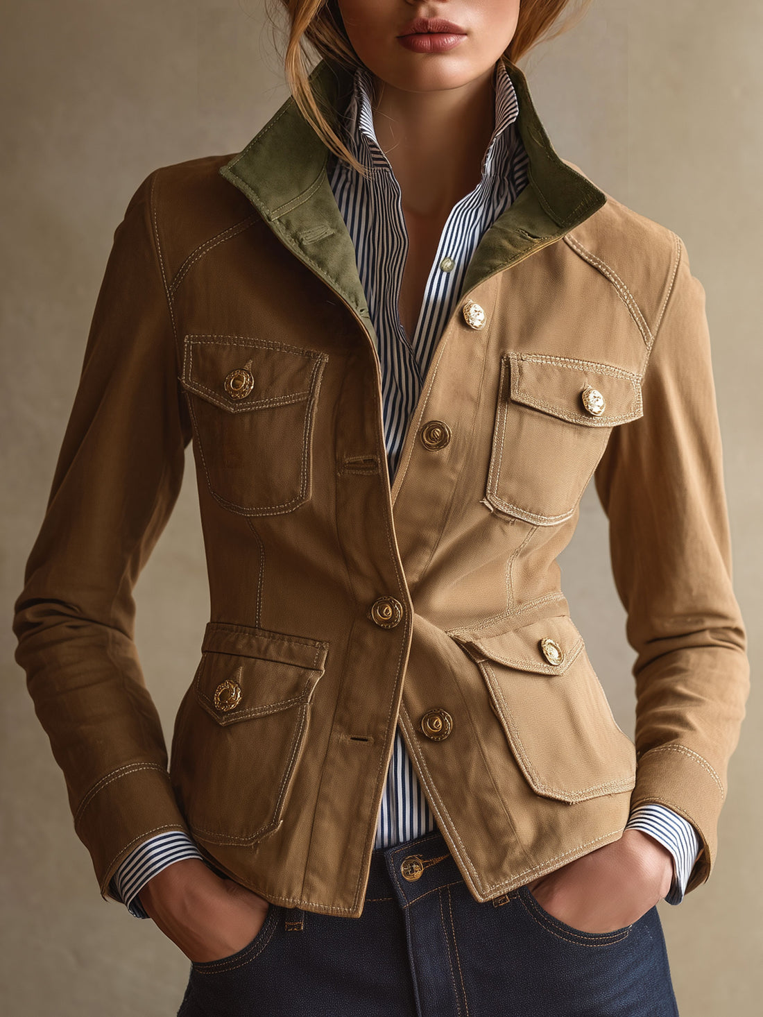 Casual Retro Color-blocked Cotton Multi-pocket Camel Work Jacket