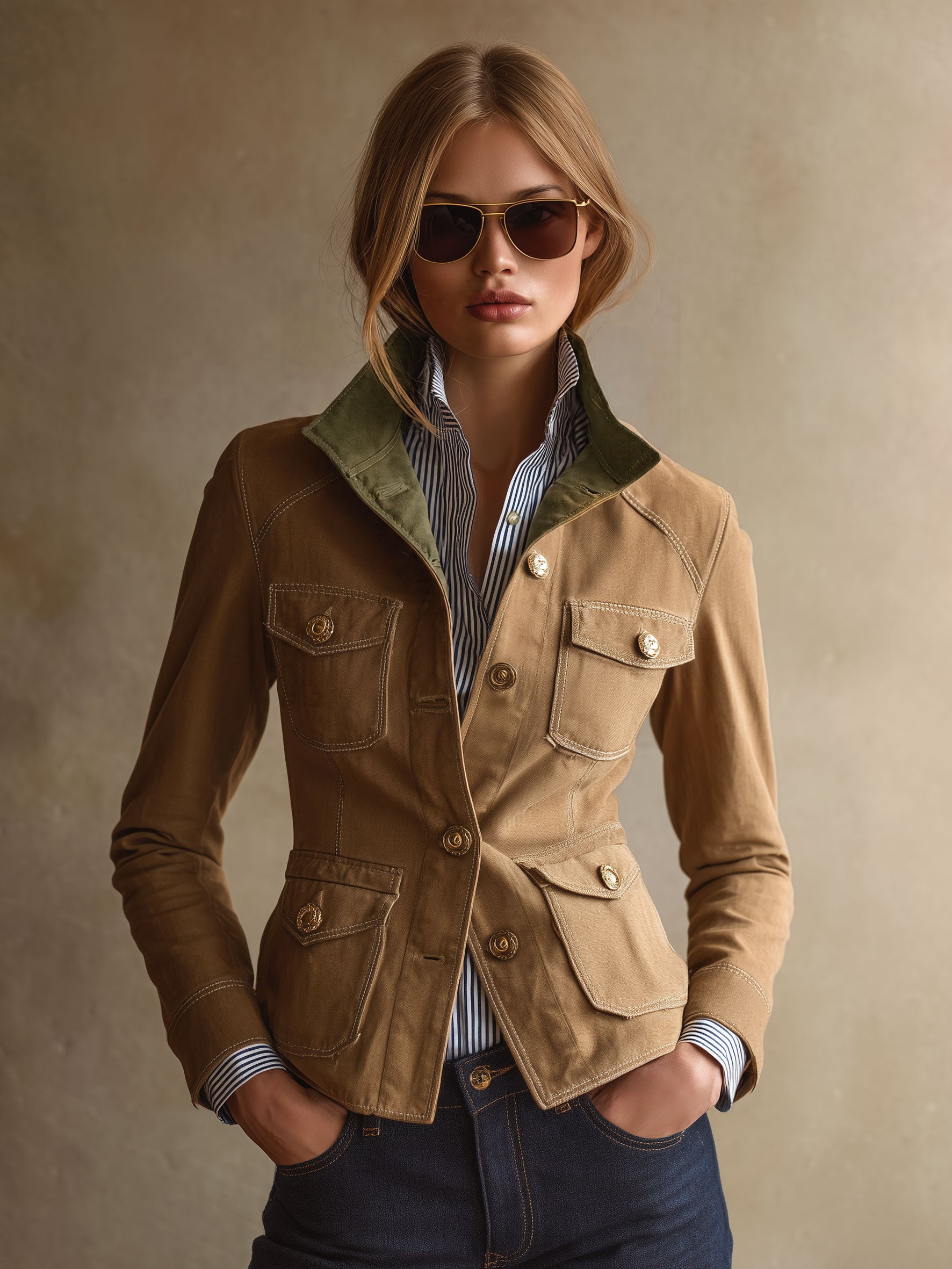 Casual Retro Color-blocked Cotton Multi-pocket Camel Work Jacket