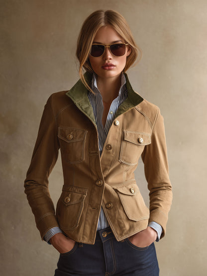 Casual Retro Color-blocked Cotton Multi-pocket Camel Work Jacket